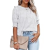 Dokotoo Womens Blouses Half Sleeve Shirred Tops Crewneck Lace Textured Flowy Casual Shirts
