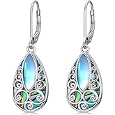 Moonstone Filigree Leverback Earrings for Women Sterling Silver Teardrop Abalone Shell Drop Dangle Earrings Jewelry Anniversary Birthday Gift