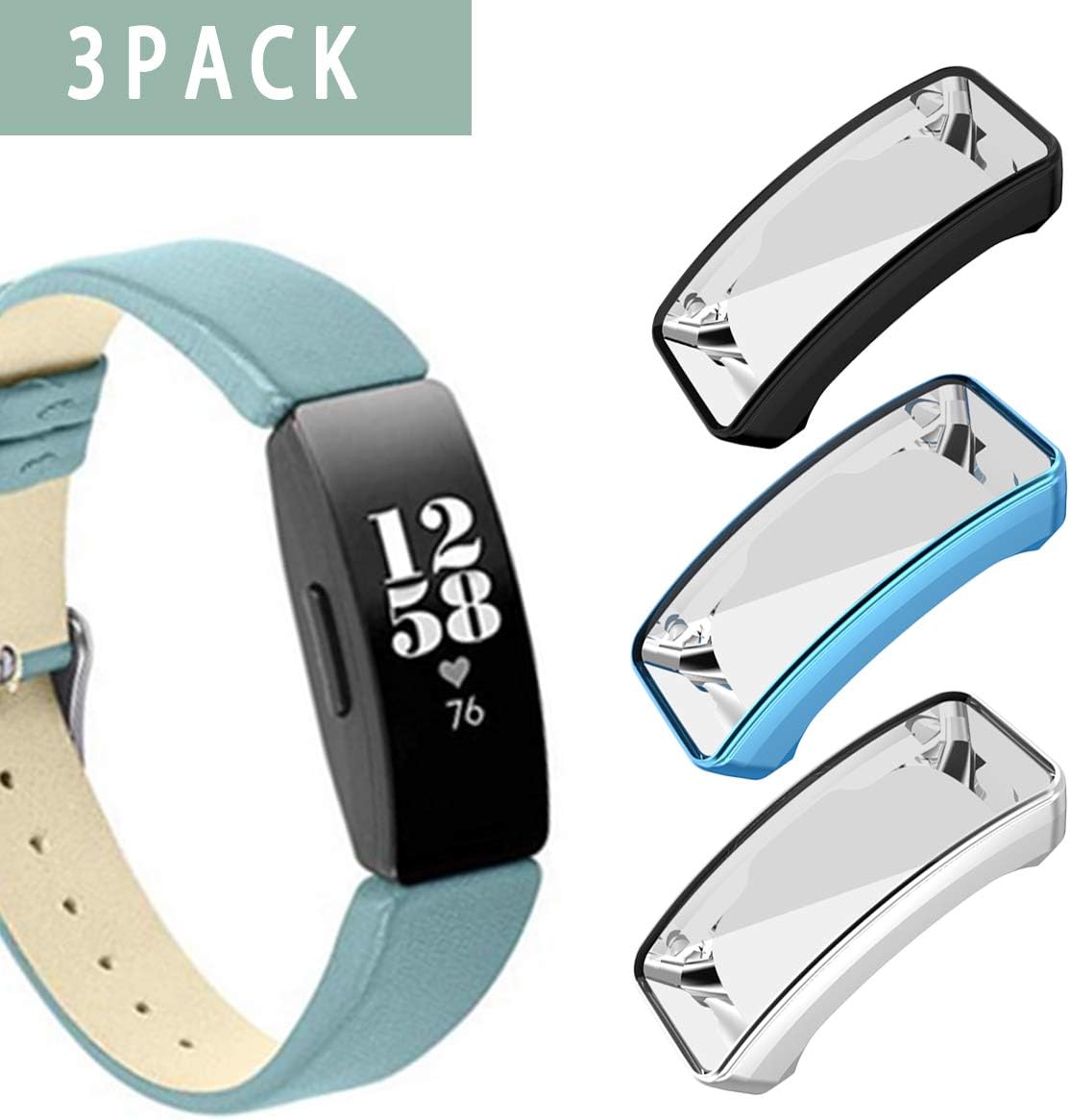 Landhoo Screen Protector for Fitbit Inspire,Inspire HR TPU Protective Case Ultra-Thin All-Around Protective Bumper Cover (Black+Silver+Blue)