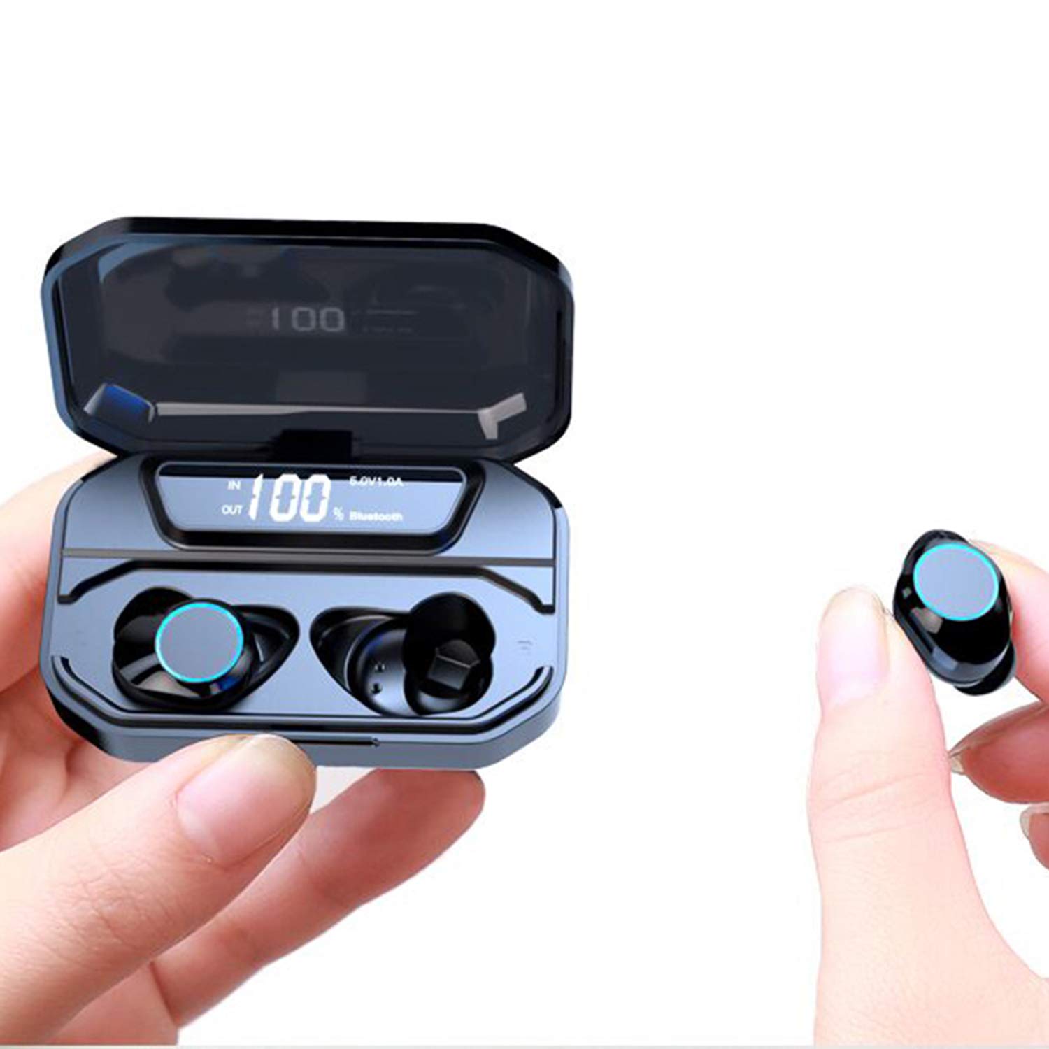 HAMTOD Auricolari Bluetooth Senza Fili G02, Cuffie Wireless 5.0 Riduzione del Rumore Hi-Fi Stereo, 3300mAh Smart Power Bank Display LED Impermeabile IPX6 Mini Ear Auricolare (Tempo di Musica 4H)