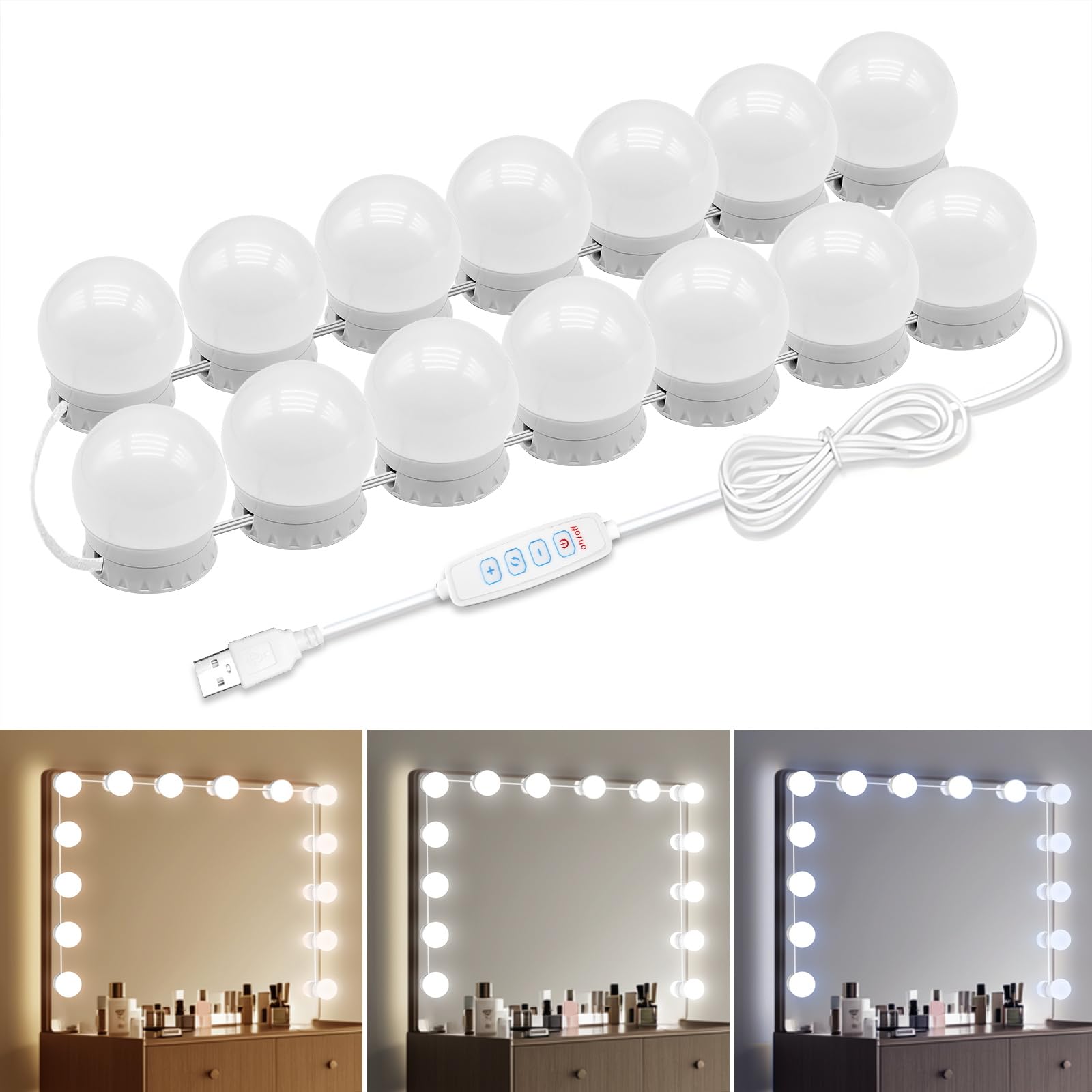 Photo 1 of *POWER BUTTON IS DAMAGED**
LED Vanity Mirror Lights with 14 Dimmable Bulbs, 3000K 4500K 6500K & 10 Brightness Levels Adjustable, Plug in USB Cable, Hollywood Style Stick On Mirror Lights for Makeup Desk Bathroom Dressing Room