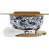 XWORLD Japanese Ceramic Ramen Noodle Bowls Set with Ceramic Spoon, Bamboo Chopsticks, Lid & Trivet, Serving Capacity of 33.8 OZ, Microwavable Oven Safety (3.3” x 6.6” D) (Blue Fish)