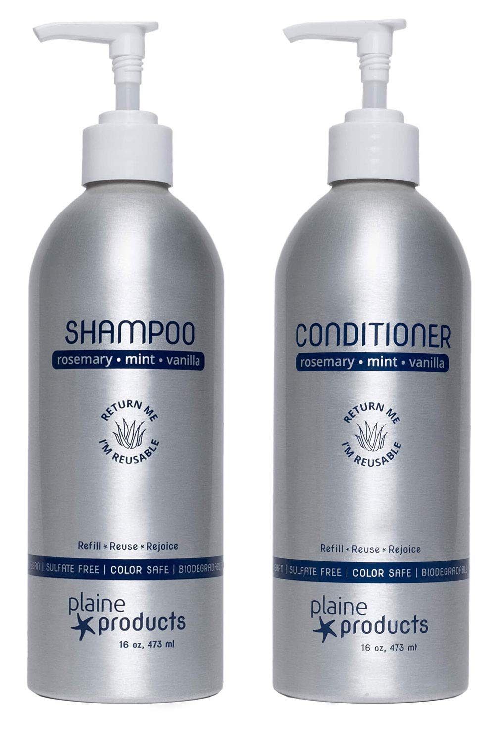 Eco-Friendly Shampoo and Conditioner - Rosemary, Mint, Vanilla - Sulfate Free, 16 oz (Refillable Bottles with pumps)