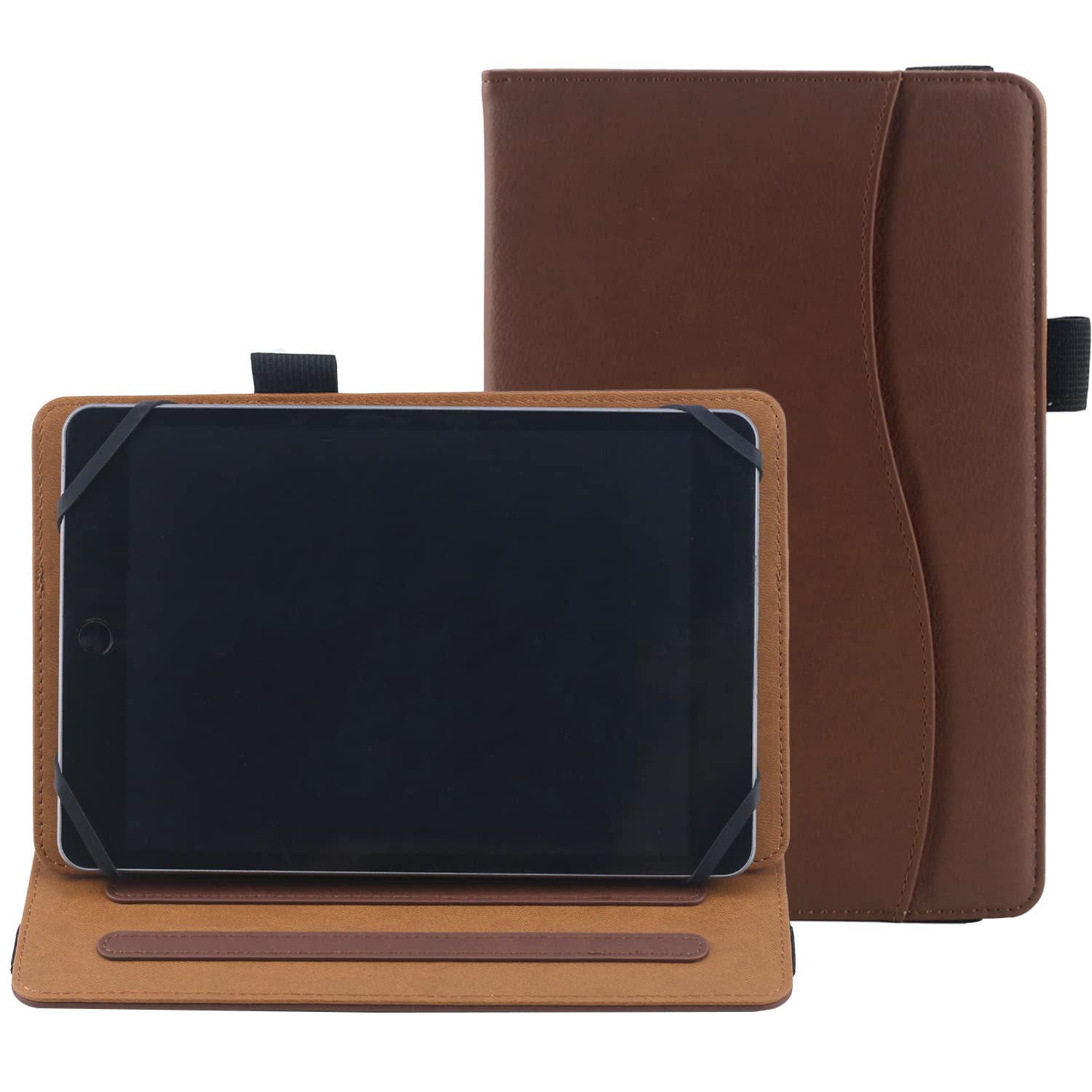 6 7 8 Inch Universal Tablet Case Folio Leather Stand Shell Case with Adjustable Angle Band and Pouch for Documents, Cards and Pen Holder (Brown)