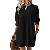 Dokotoo Womens Dresses 2025 Spring 3/4 Sleeve Fashion Dresses Crewneck Casual Mini Dress with Pockets S-XL