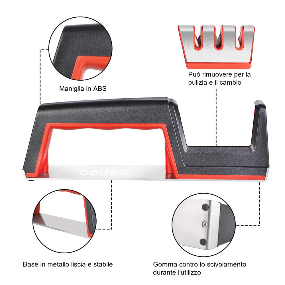 bedee Affilacoltelli Manuali, Affilacoltelli, Strumento per Affilare i coltelli Manuale a 3 stadi, Base Antiscivolo, Facile da Controllare