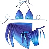 SEGT Women's 3 Piece Swimsuit Triangle Halter Side Tie Thong Bikini Set with Cover Up Skirt