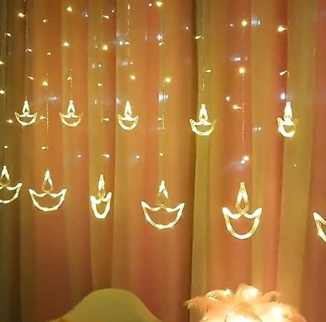 SHREEst Warm White Diya/Diwali Light Curtain, String Lights with 10 Hanging Diyas, 8 Flashing Modes, Decoration Lighting, Festive Home Decor