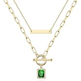 MJartoria Gold Layered Necklaces for Women Trendy Retro Emerald Pendant 14K Gold Plated Dainty Chain Necklaces for Jewelry Birthday Gifts