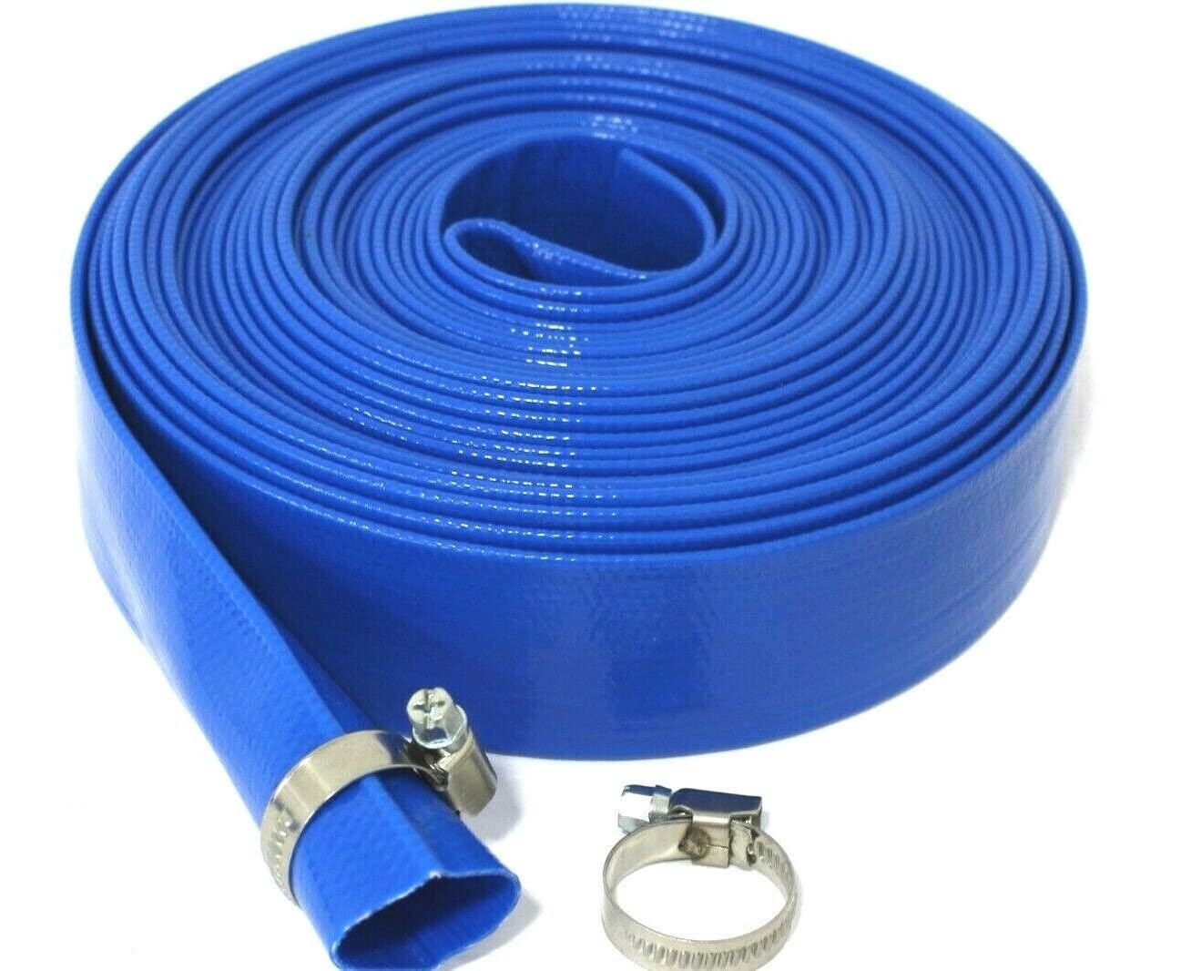 Blue Layflat Water Discharge Hose Pipe Pump Irrigation - 32mm (1 1/4") Bore x 20 Metres Long Including 2 Hose Clips