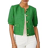 LifeShe Puff Short Sleeve Tweed Jacket Women Cropped Jackets Summer Open Front Office Work Blazer Coat