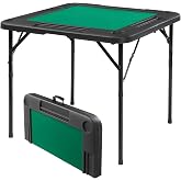 PEXMOR 34" Foldable Mahjong Table Portable, 4 Player Card Game Table w/Cup Holders &amp; Chip Grooves, Tabletop Foldable, Poker Board Game Domino Table for Blackjack, Texas Hold'em (Black)