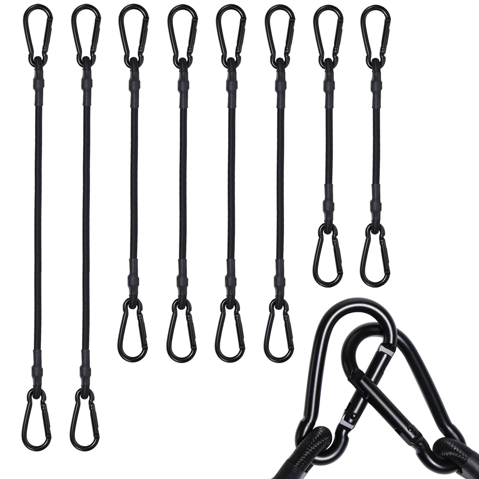 JunGG Bungee Cords with Carabiner Clips – 8 Pack 12/24/40 Inch Extra Strong Elastic Straps with Hooks, Heavy Duty Bungee Ropes for Camping, Bike Racks, Roof Racks, Tarps