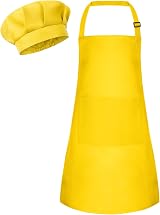 Bouiexye Kids Apron and Chef Hat Set Adjustable with 2 Pockets Yellow