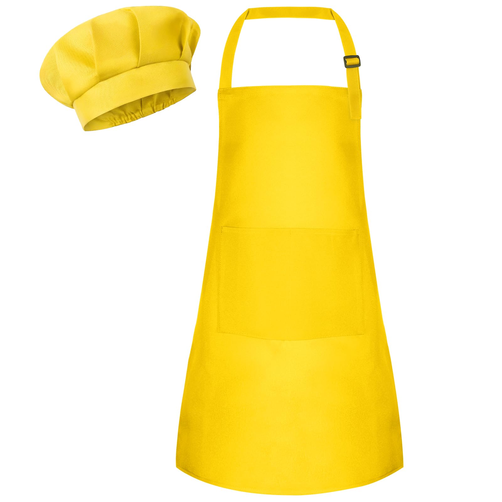 Bouiexye 1 Set Kids Apron and Chef Hat Set Children Apron Adjustable with 2 Pockets Children Chef Painting for Cooking Baking Painting Crafts Making (Yellow)
