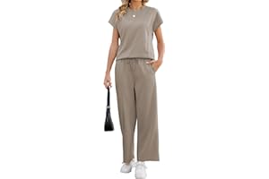 Famulily 2 Piece Sets for Women Summer Front Pleated Side Slit Tops Matching Wide Leg Pants Tracksuits with Pockets