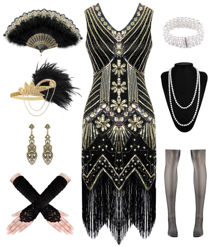 Photo 1 of 1920s Dresses for Women, Flapper Dress Lace Fan Feather Headband Sequins Beads Fringes 20s Accessories Vintage Mafia Costume BlackGold XL
