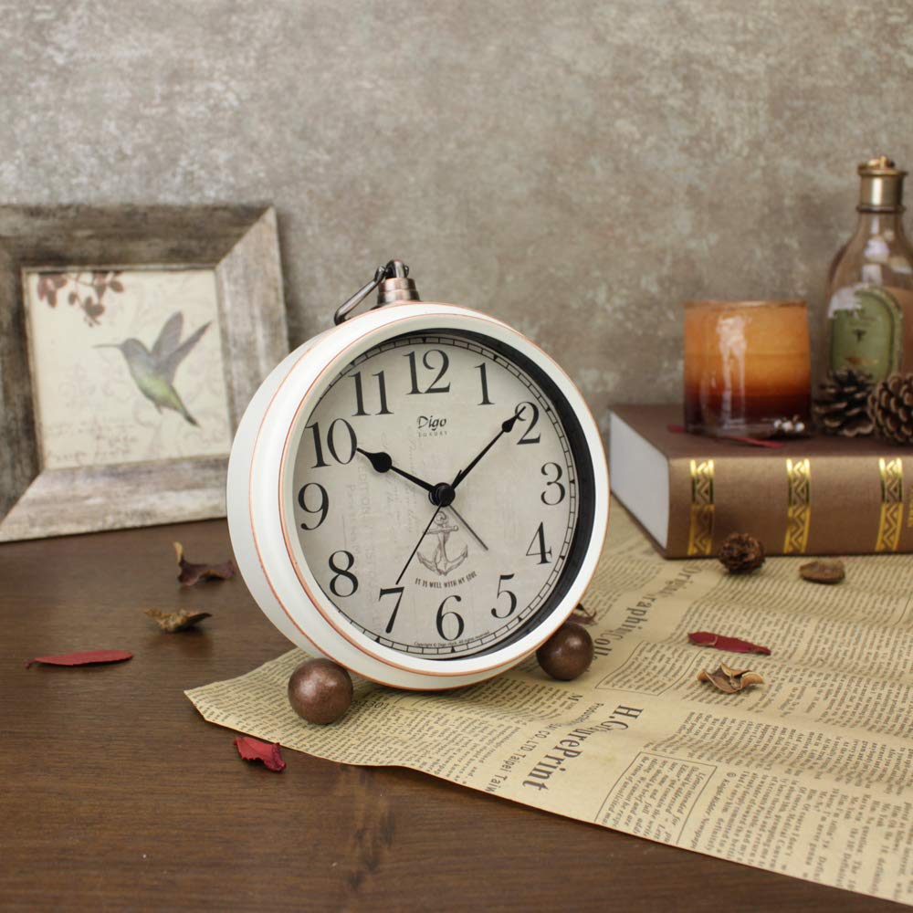 Justup Alarm Clock, 5.2 Inch White Vintage Retro Desk Analogue Quartz Clock with No Ticking, Silent, Battery Operated Quartz Movement, HD Glass for Bedroom/Living Room/Children (White)