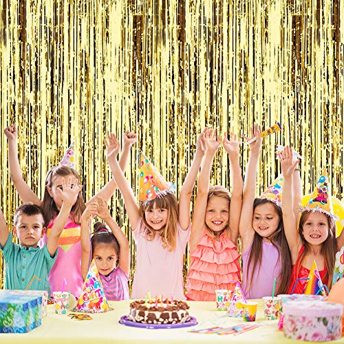pozzolanas 4 Pack Foil Fringe Curtain Metallic Tinsel Shimmer Party Photo Backdrop Curtains for Birthday, Engagement, Baby Shower, Weddings Party and Celebrations Backdrop Decorations(Gold)
