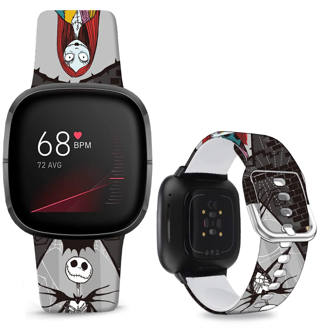 Leotop Pattern Printed Soft Silicone Replacement Bands Compatible with Fitbit Versa 4/ Fitbit Versa 3/ Fitbit Sense 2/Fitbit Sense for Women Men Teens. (Black Jack & Sally)