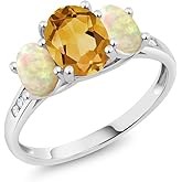 Gem Stone King 10K White Gold Gemstone Birthstone and Ethiopian Opal with Diamond Accents 3-Stone Engagement Ring for Women | Oval 8X6MM and 6X4MM | Elegant Wedding Anniversary Promise Ring | Size 5-9