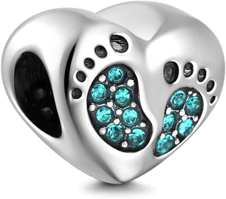 925 Sterling Silver Heart Charm Baby Charm Footprint Charm Birthday Charm Birthstone Charm Anniversary Charm for Pandora Charms Bracelet (Green)