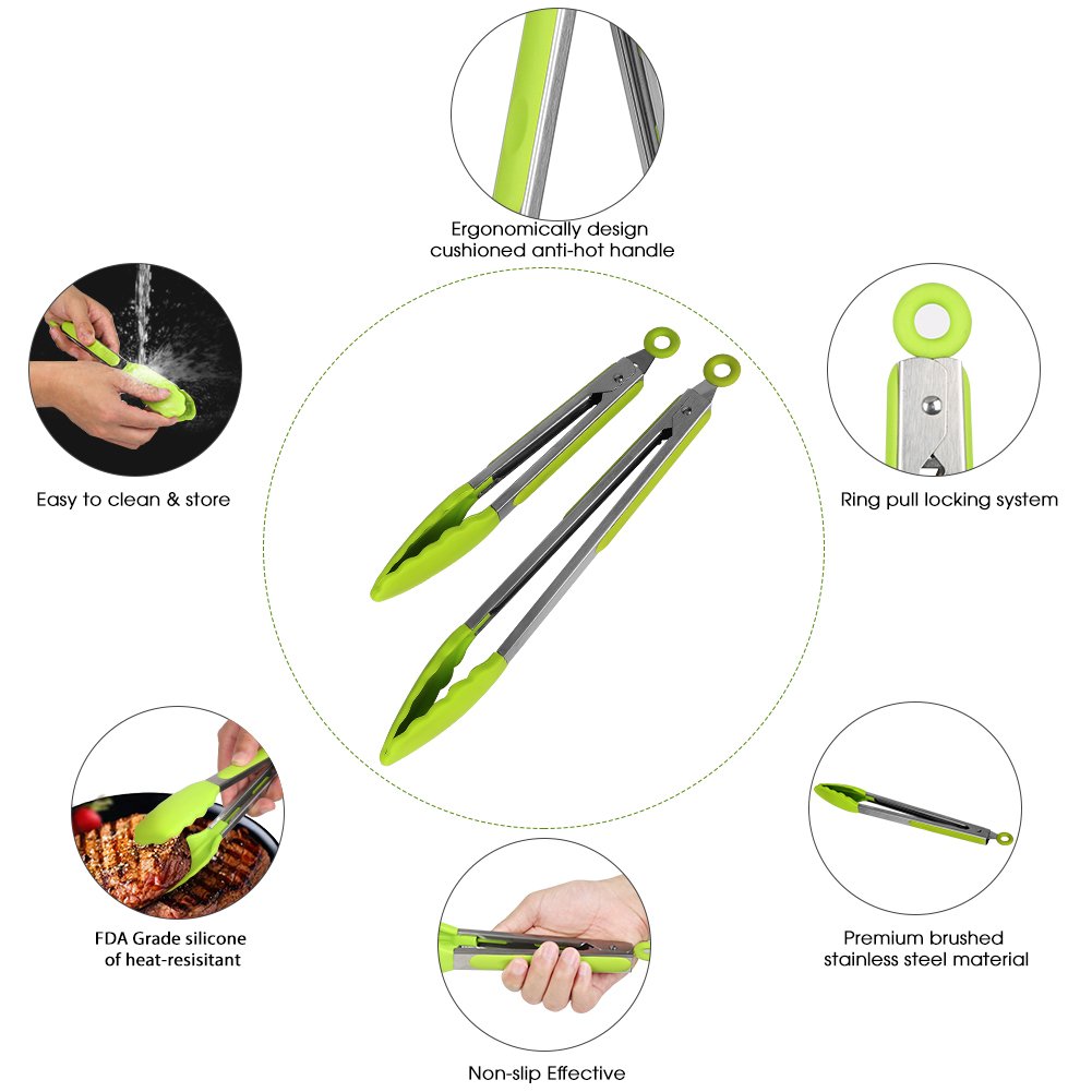 Singular point Kitchen Tongs,Heavy Duty Non-Stick Stainless Steel Food Tongs Set with FDA Grade Silicone Tips Ring Pull Locking System Serve for Salad,BBQ,Baking set of 2 pcs (Green)