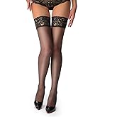 UXQEJO Women's Lace Top Thigh High Stockings with Non-slip Silicone Grips Anti Snag Silky Semi Sheer Tights Pantyhose