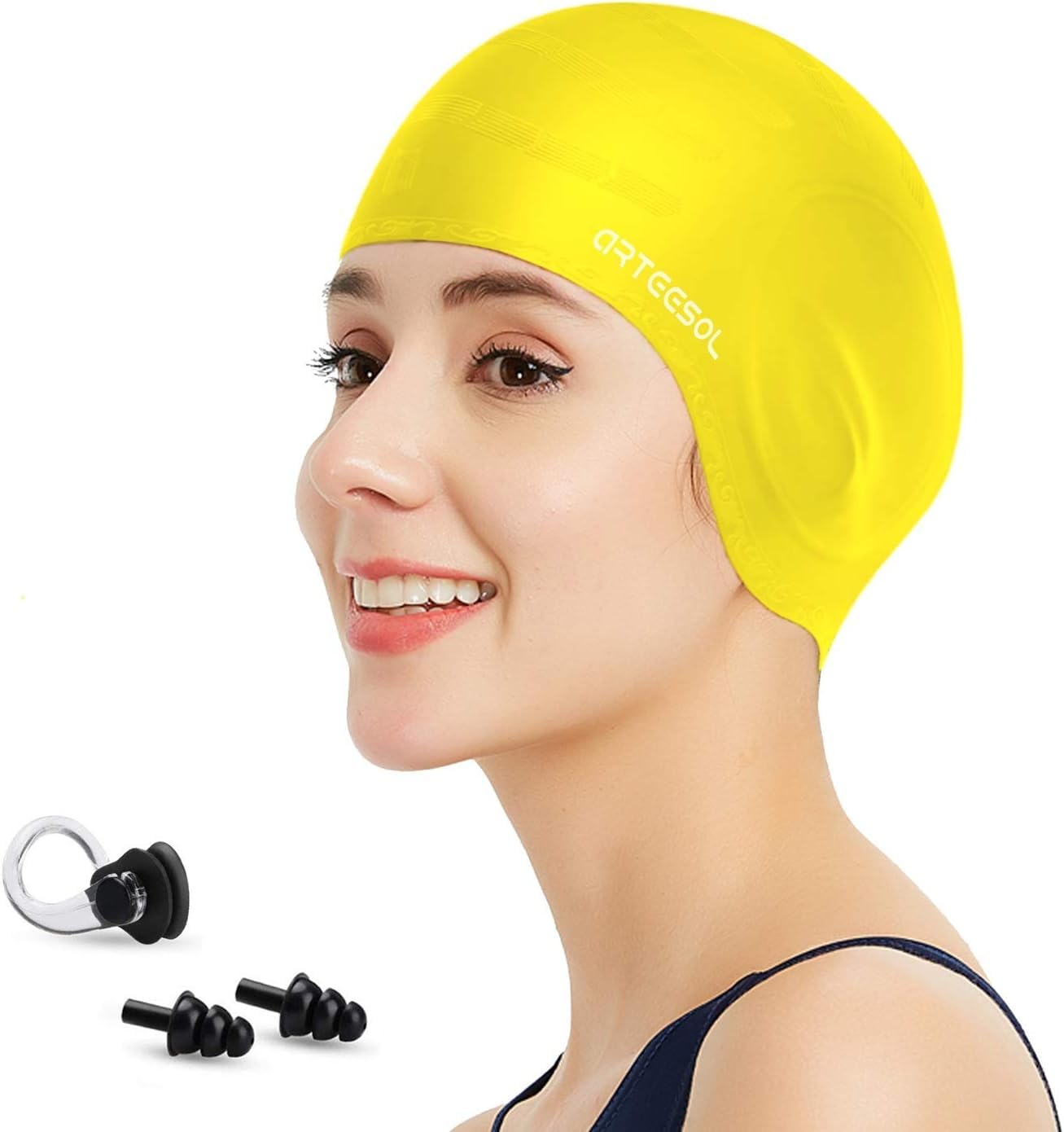 Blackace arteesol Swimming Cap Women Swimming Hat Silicone Swim Cap Swim Hat Waterproof Cap, 3D Ear Ergonomic Design, Anti-Slip Long Hair, Swimming Cap for Women
