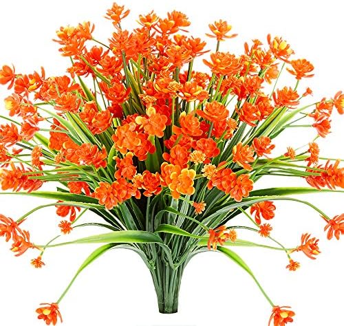 TEMCHY Artificial Daffodils Fake Flowers, 4 Bundles Orange UV Resistant Faux Greenery Foliage Plants Shrubs for Garden, Wedding, Outside Hanging Planter, Farmhouse Indoor Outdoor Decor
