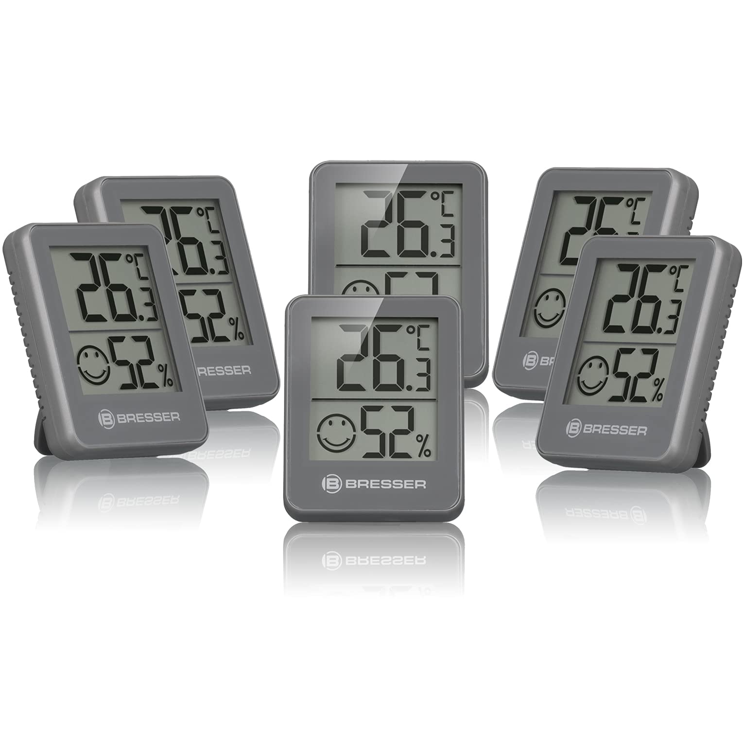 Bresser 6er Set Thermometer Hygrometer - Digitales Raumthermometer für Kontrolle Innenraum Luftfeuchtigkeit, Kühlschrankgeeignet, Wandmontage und Magnet, Schimmelvorbeugung - Indikator Smiley, Grau