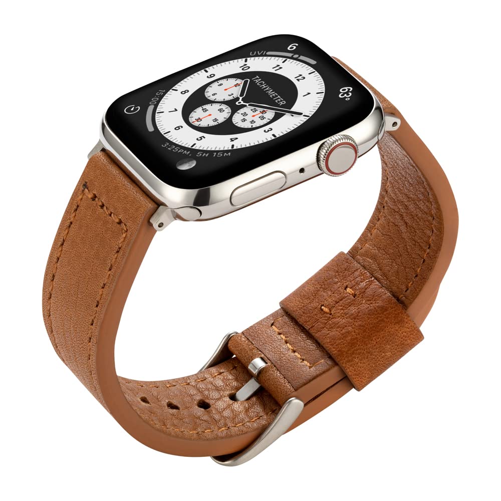 Buckle & Band Lond Luxury compatible Apple Watch Strap - Khaki Brown Leather Handcrafted designer strap with Silver Buckle for 42mm, 44mm, 45mm, 49mm Ultra Series 1-8 SE