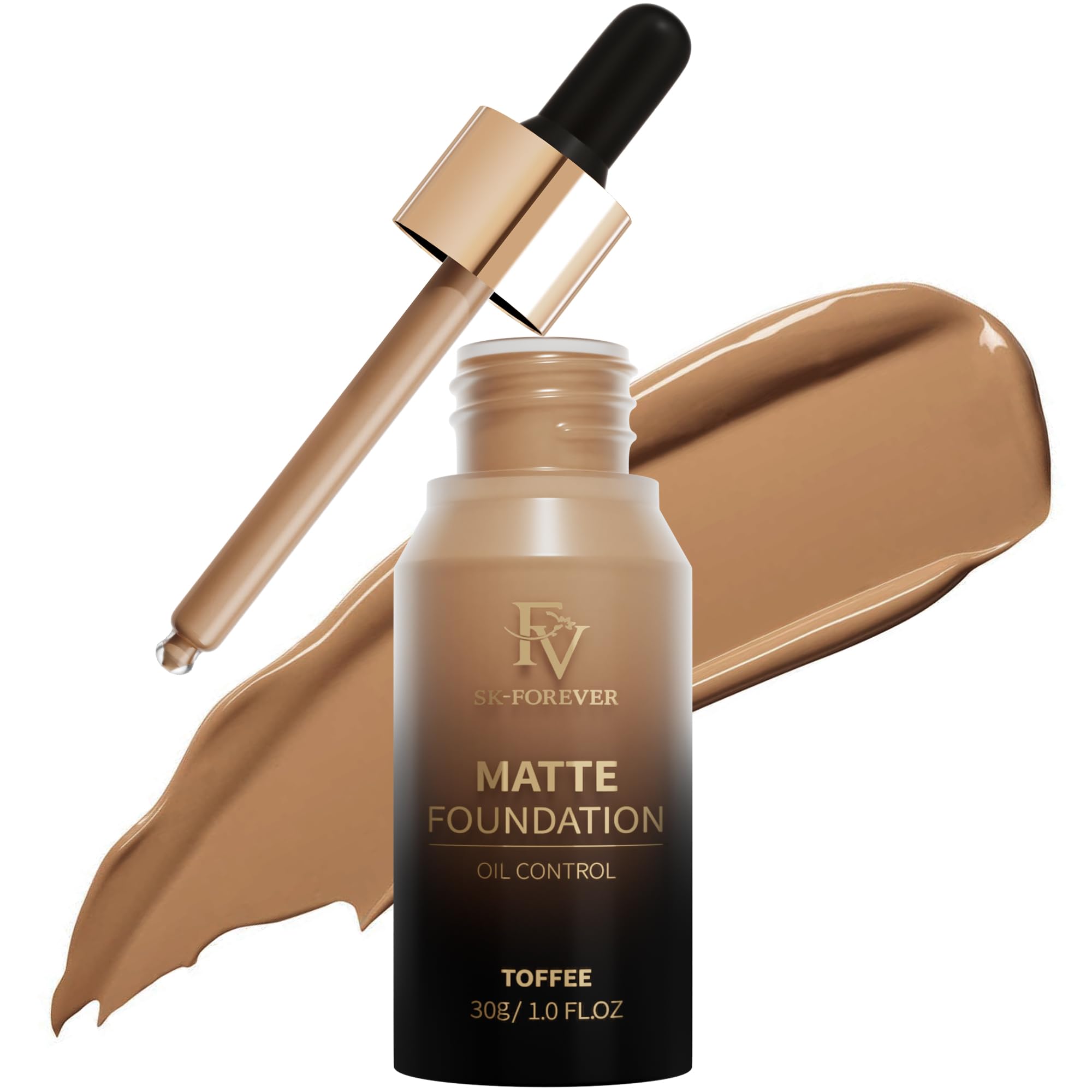 Photo 1 of FV Matte Liquid Foundation - Full Coverage, Long-Lasting, Oil Control, Minimizes Pores, Waterproof Makeup for Oily/Combination Skin, Flawless Finish, 1 Fl. Oz (Toffee)