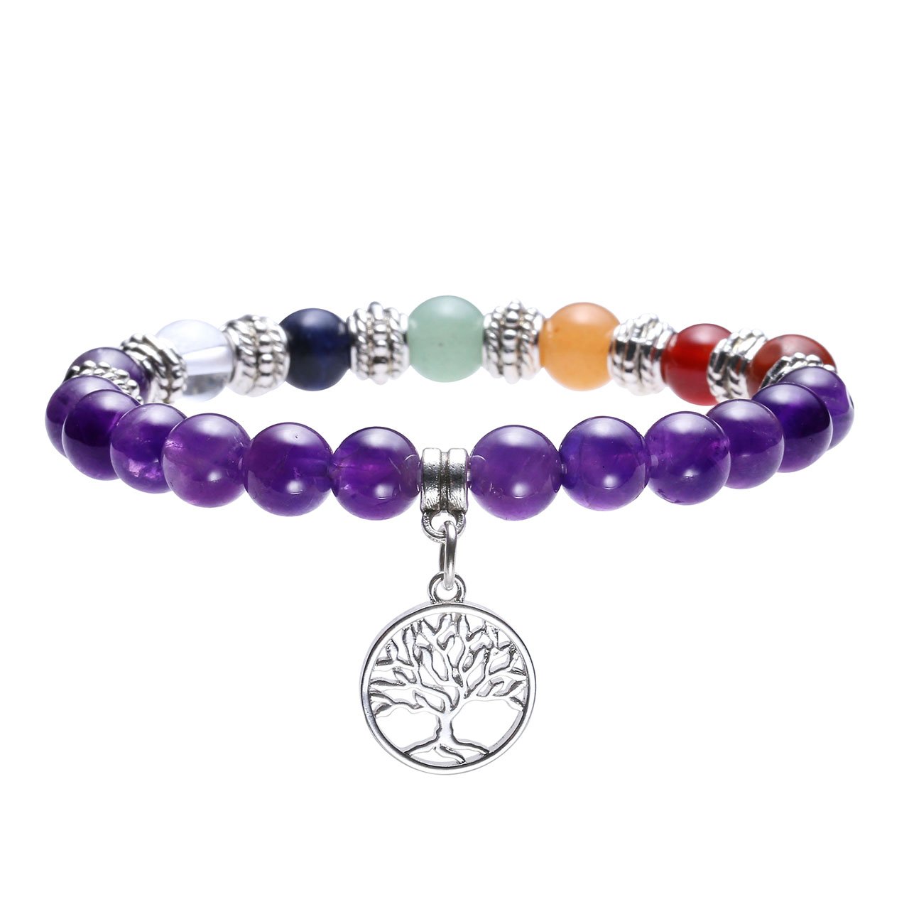 Jovivi Lot de 3PCS 7 Chakra Pierres Naturelles Amethyste Perles d\'Energie Bracelet Extensible Elastique Tibetain Bouddhiste avec Pendentif Arbre de la Vie/Lotus/Symbole OM
