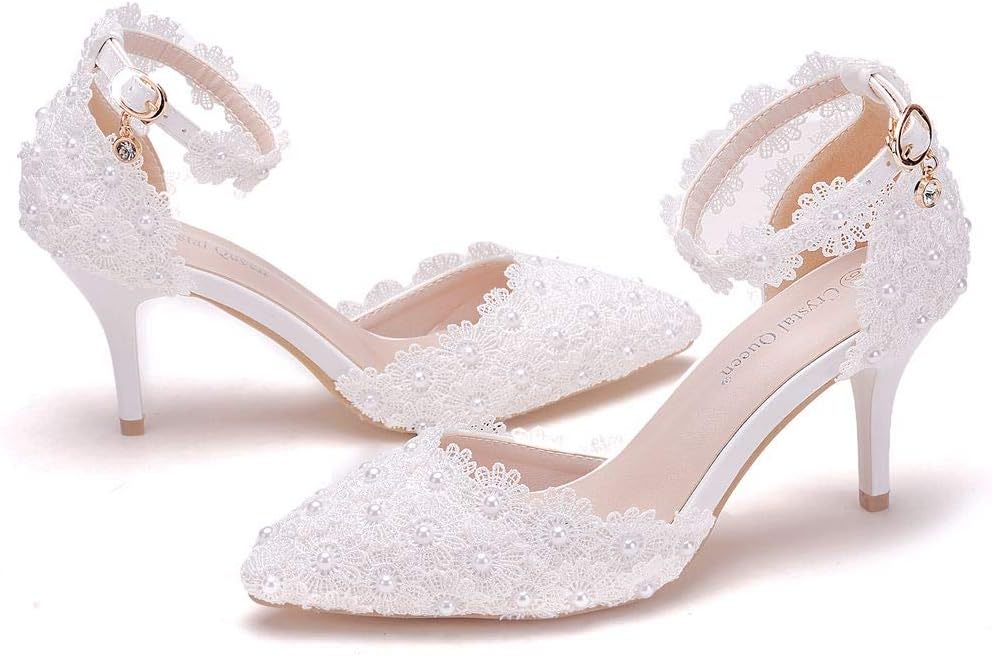 Women High Heels Sandals White Lace Pearls Wedding Shoes Pointed Toe Bridal Shoes