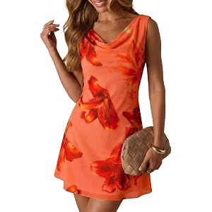Acelitt Womens Summer Cowl Neck Floral Mini Dress | Stretchy Linen Mesh, Sleeveless A Line, Elegant Dinner Party Dresses, Sum