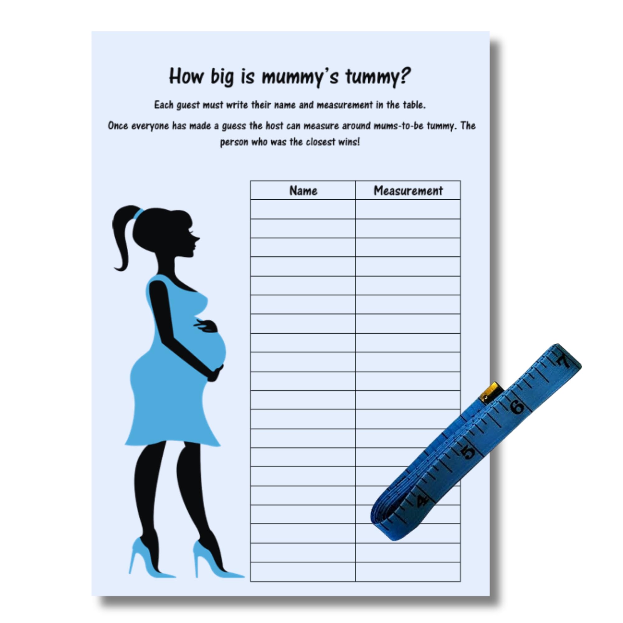 Rainbow Sensation How big is mummy's tummy? Baby Shower 20 Player Game - Tape measure - Girl boy (Blue)