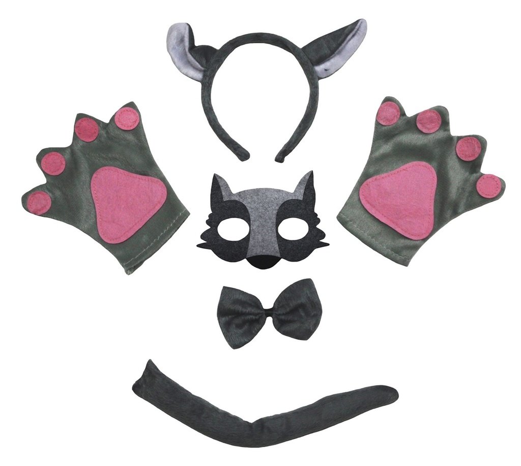 Petitebelle Wolf Headband Mask Bowtie Tail Gloves 5pc Children Costume 1-5y (Grey, One Size)