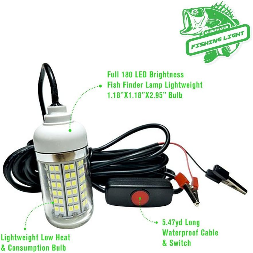 VPROZ Underwater Fishing Green LED Light: Full 180 LED Brightness Fish Finder Lamp w/ 5.47yd Long Waterproof Cable & Switch/Lightweight Low Heat & Consumption Bulb/Great Tool for Fisherman & Angler