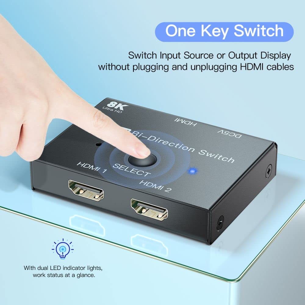 8K HDMI Switch, HDMI Switcher 1 in 2 Out or 2 in 1 Out, HDMI 2.1 Switch Support 8K@60hz and 4K@120hz, Compatible with Xbox X, PS5, Blu-Ray Player, 8K UHD TV, Monitor and Projector