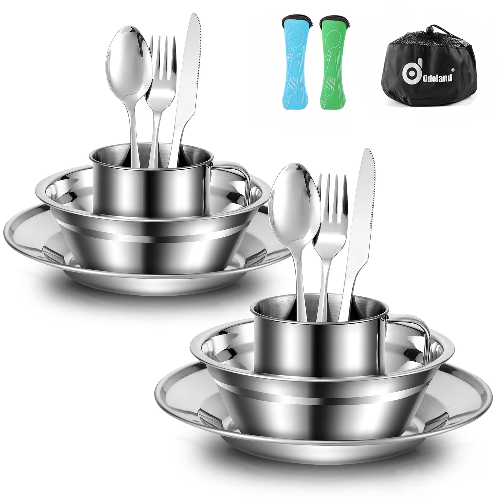 Odoland Camping Cutlery Set - Stainless Steel Tableware Mess Kit Plate Cup Fork Spoon, 7 in 1 Flatware Kit with Mesh Bag - Dinnerware Utensils Set for Outdoor Camping Hiking and Picnic for 2 People