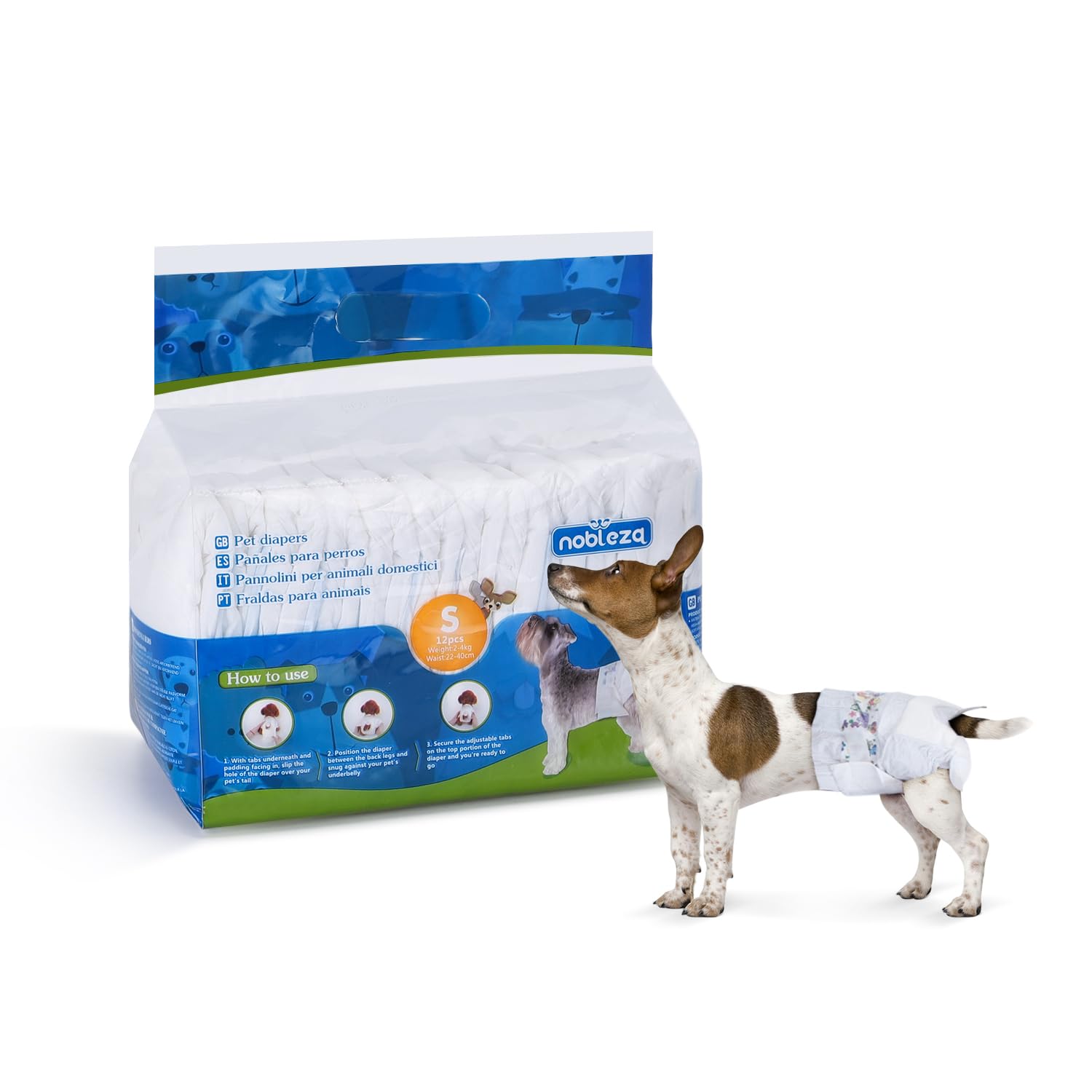 Nobleza - Disposable Dog Diapers for Female, Puppy nappies small, Training Diapers with Leak Proof Fit, Super absorbent, Easy to adjust, Ultra Protection Dog Pants, 12 Packs, Waist 9-16 Inch, S: 2-3KG