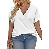 VISLILY Plus-Size-Summer-Tops for Women Casual V Neck T Shirts Trendy Loose Tees Fashion Rolled Short Sleeve Tunics XL-5XL