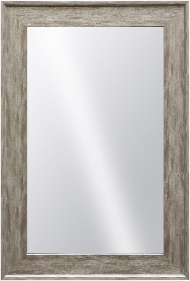 , Elegant, Modern, Classic, Vintage, Rustic, Hanging Framed Wall Mounted Mirror, Distressed Wood Like Finish, Gray - White Color 2 3/4" Inch Frame