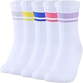 YUEDGE Womens Socks Moisture Wicking Striped Athletic Cushioned Crew Socks Breathable Cotton Tube Socks For Women, 5 Pairs