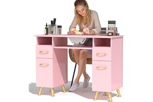 ELEVACHIC Manicure Table Nail Desk w/Electric Dust Collector and Two Dust Bag, Nail Table for Nails Tech, Includes Wrist Cushion,Storage Cabinet & Drawers, for Salon & Home Use, Pink