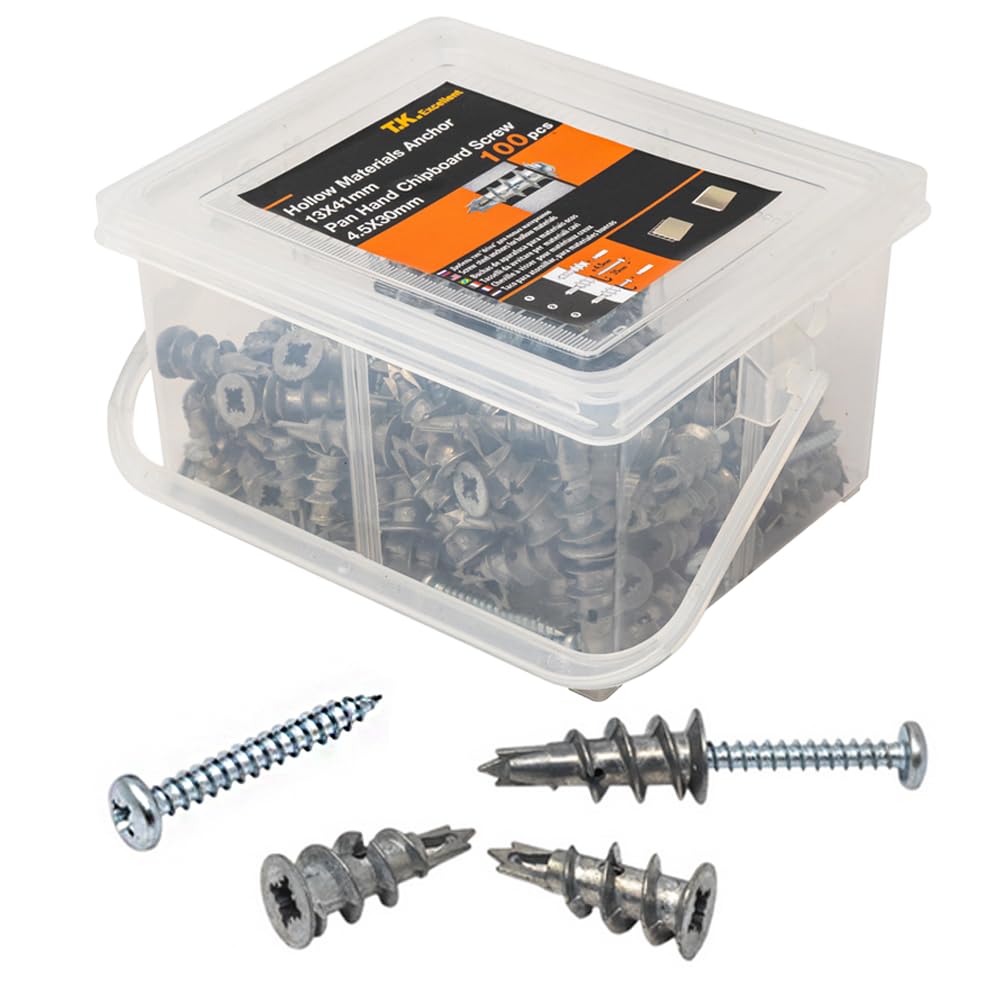 T.K.Excellent Self Drilling Drywall and Wall Anchor E8 13X31mm 3 Point Tip Zinc Alloy Plugs for Hollow Wall Material 100Pcs and Pan Hand Chipboard Screws 4.5X30mm 100 Pcs Box