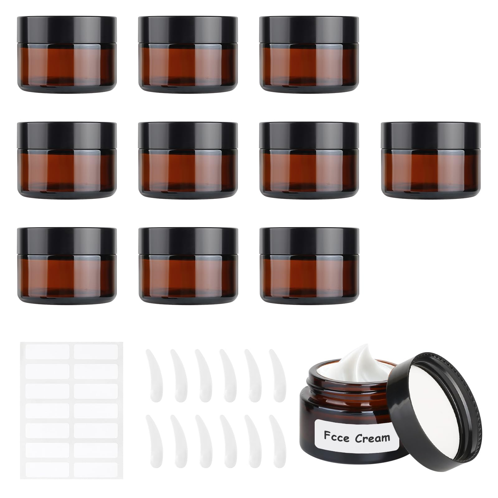 MirraSwit 10 Pcs Brown Glass Jars 30ml, Glass Cosmetic Jars with Label Stickers, Scraping Spoons, Travel Pots with Lids for Cosmetics, Lotion, Creams
