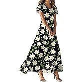 Kenvina Summer Dresses for Women Flowy Swing Beach Vacation Dress V Neck Loose Maxi Dress Print Casual Short Sleeve Dress