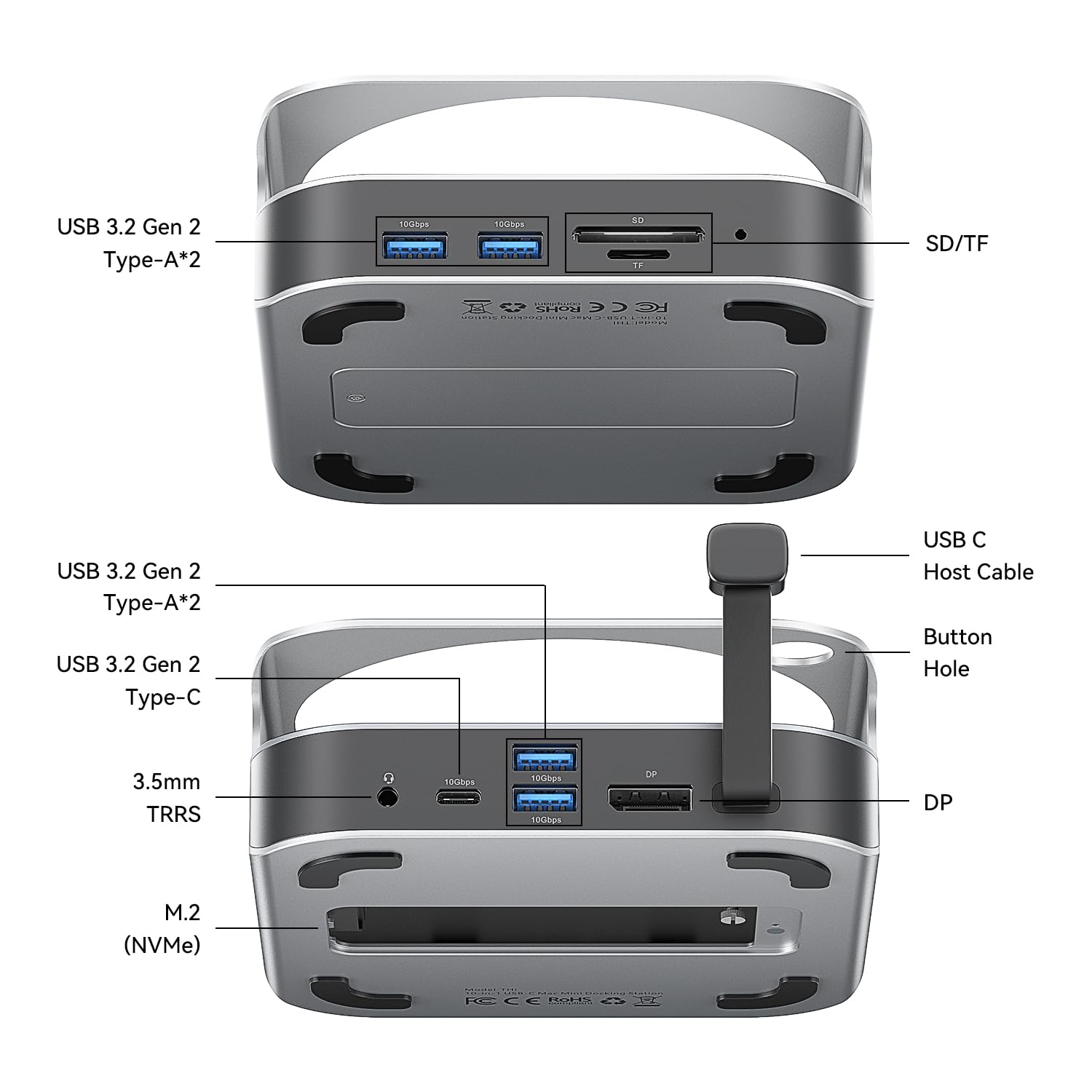 VENTION Mac mini M4 Dock 10-in-1, Aluminium-Stand für M4/M4 Pro mit NVMe SSD-Enclosure, 4K@240Hz/144Hz HDMI, 10 Gbps USB-A & USB-C Dockingstation, SD/TF-Kartenleser, Dual Audio Ports, Silber 2